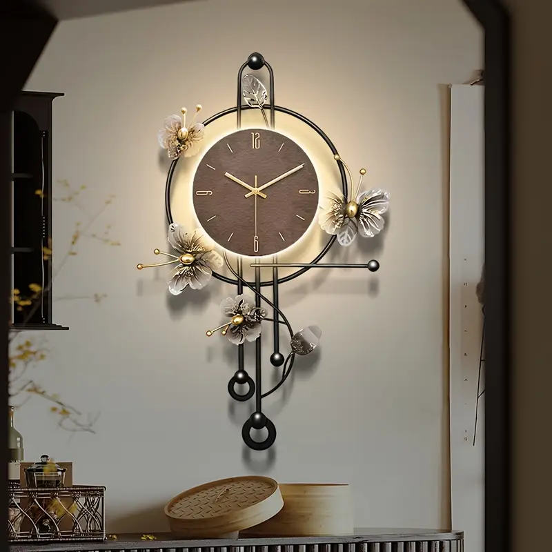 Large Metal Wall Clock with LED Light - Brown Butterfly Design, Silent Non-Ticking, Irregular Shape, Elegant Decorative Wall Art