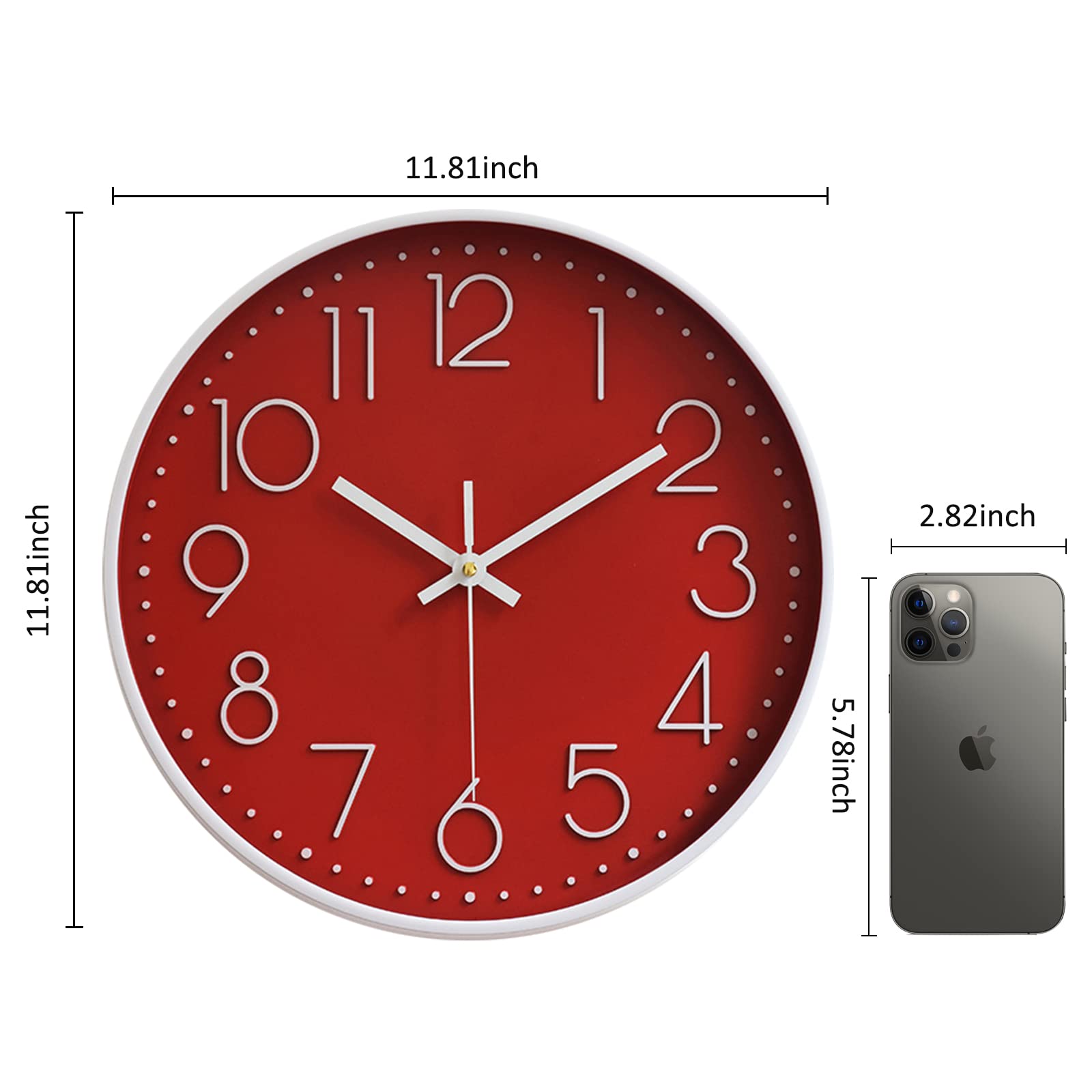 Wall Clocks Battery Operated Non-Ticking Red Clock 12 Inch Kitchen Wall Clock Quartz Silent Movement Large Decorative Clock Arabic Numerical for Home Office Decor - Red
