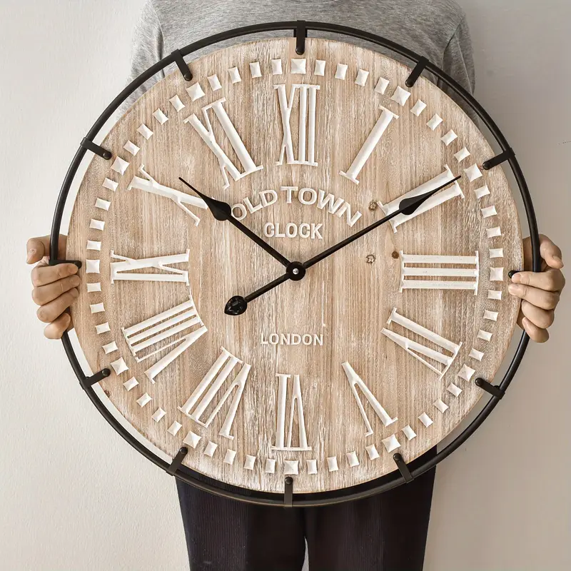 24 Inch Large Farmhouse Wall Clock, Rustic Antique Wood With Metal Circle And Large Engraved Numerals