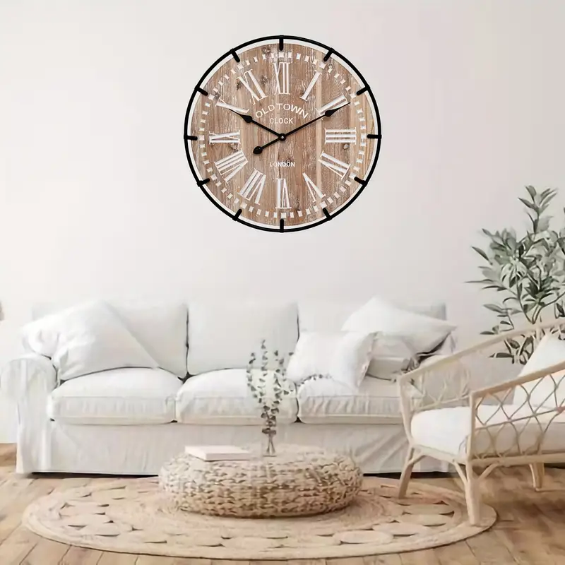 24 Inch Large Farmhouse Wall Clock, Rustic Antique Wood With Metal Circle And Large Engraved Numerals