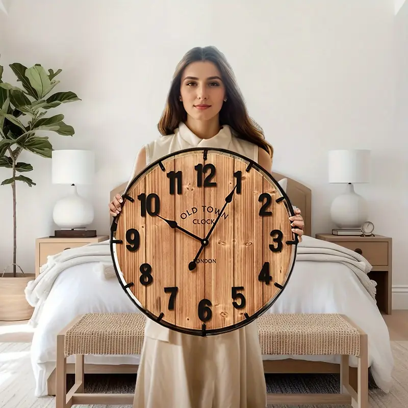 24-Inch Rustic Farmhouse Wall Clock - Silent Non-Ticking Battery-Operated Wooden Clock with Large Metal Numerals & Old Town London Design, Artificial Wood Round Analog Display Clock for Kitchen,