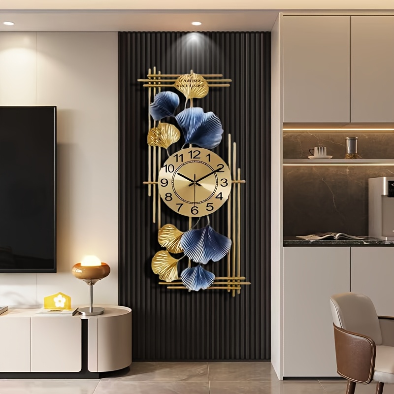 Large Modern Minimalist Ginkgo Leaf Wall Clock - Silent Non-Ticking Digital Clock with Golden Hands & Black stripes, Battery-Free