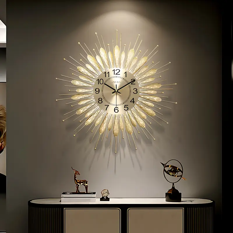 Large Metal Leaf Hanging Clock, Elegant Floral Theme Decorative Watch, 23x23 Inch Creative Irregular Shape Modern Living Room Hanging Clock