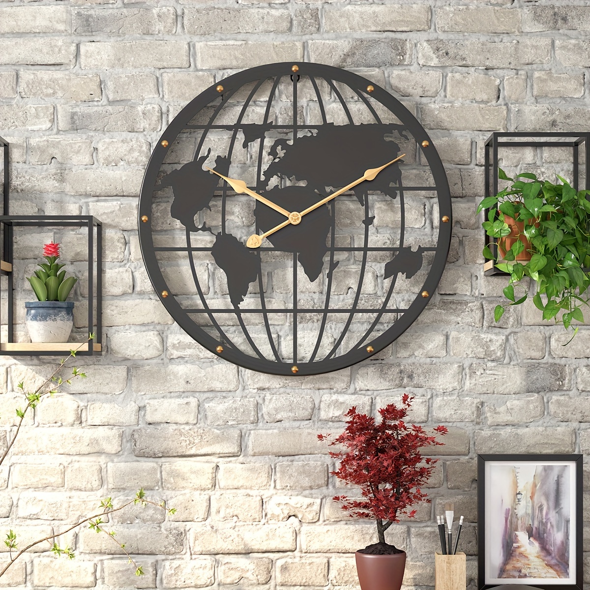 1pc Clock, Large 16-Inch World Map Wall Clock With Golden Numerals, Silent Metal Iron Art Decorative Clock For Living Room And Bedroom, Modern Global Map Design Wall Decor, Home Supplies