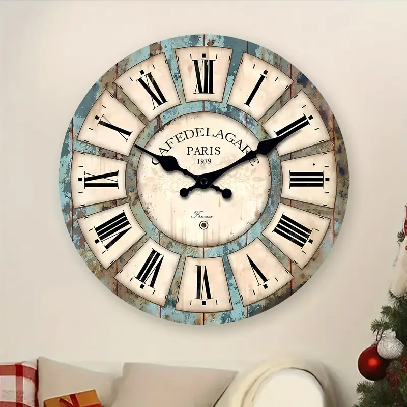 24 Inch Extra Large Roman Numeral Parisian Farmhouse Wall Clock, French Country Style, Wooden Silent Wall Clock Non Ticking
