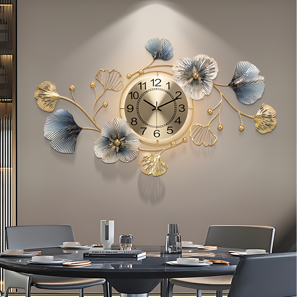 Large Metal Wall Clock with LED Light, Silent Creative Decorative Clock, 3D Ginkgo Leaf Wall Clock