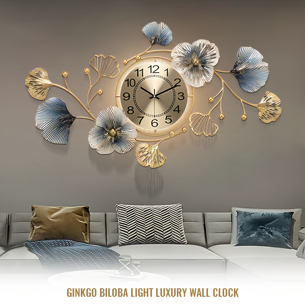 Large Metal Wall Clock with LED Light, Silent Creative Decorative Clock, 3D Ginkgo Leaf Wall Clock