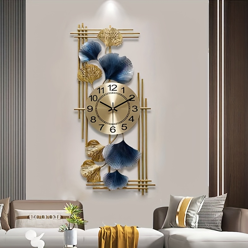 Large Modern Minimalist Ginkgo Leaf Wall Clock - Silent Non-Ticking Digital Clock with Golden Hands & Black stripes, Battery-Free