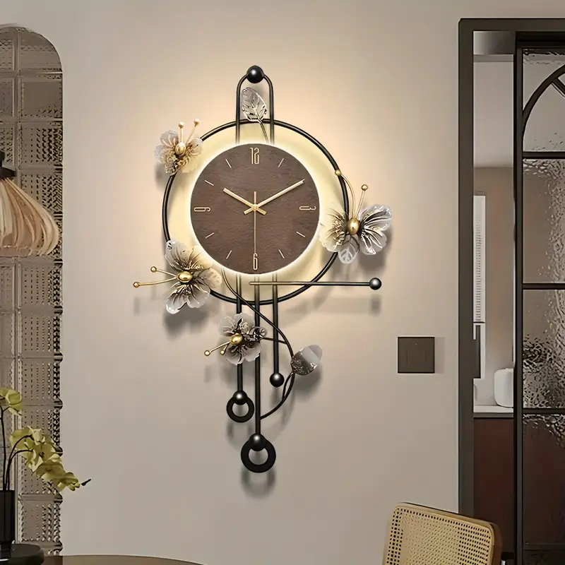 Large Metal Wall Clock with LED Light - Brown Butterfly Design, Silent Non-Ticking, Irregular Shape, Elegant Decorative Wall Art